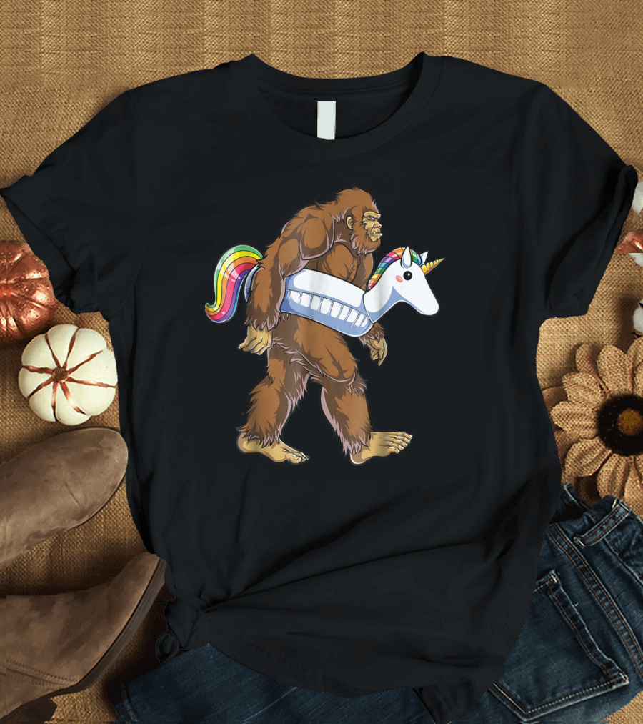 Sasquatch with Unicorn Float Pool Party Bigfoot T-Shirt