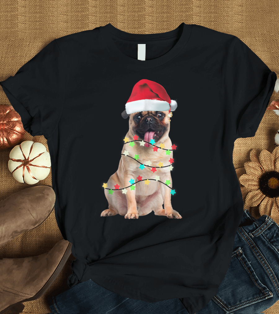 Pug Santa Christmas Light Wrapping Festive Holiday Hat T-Shirt