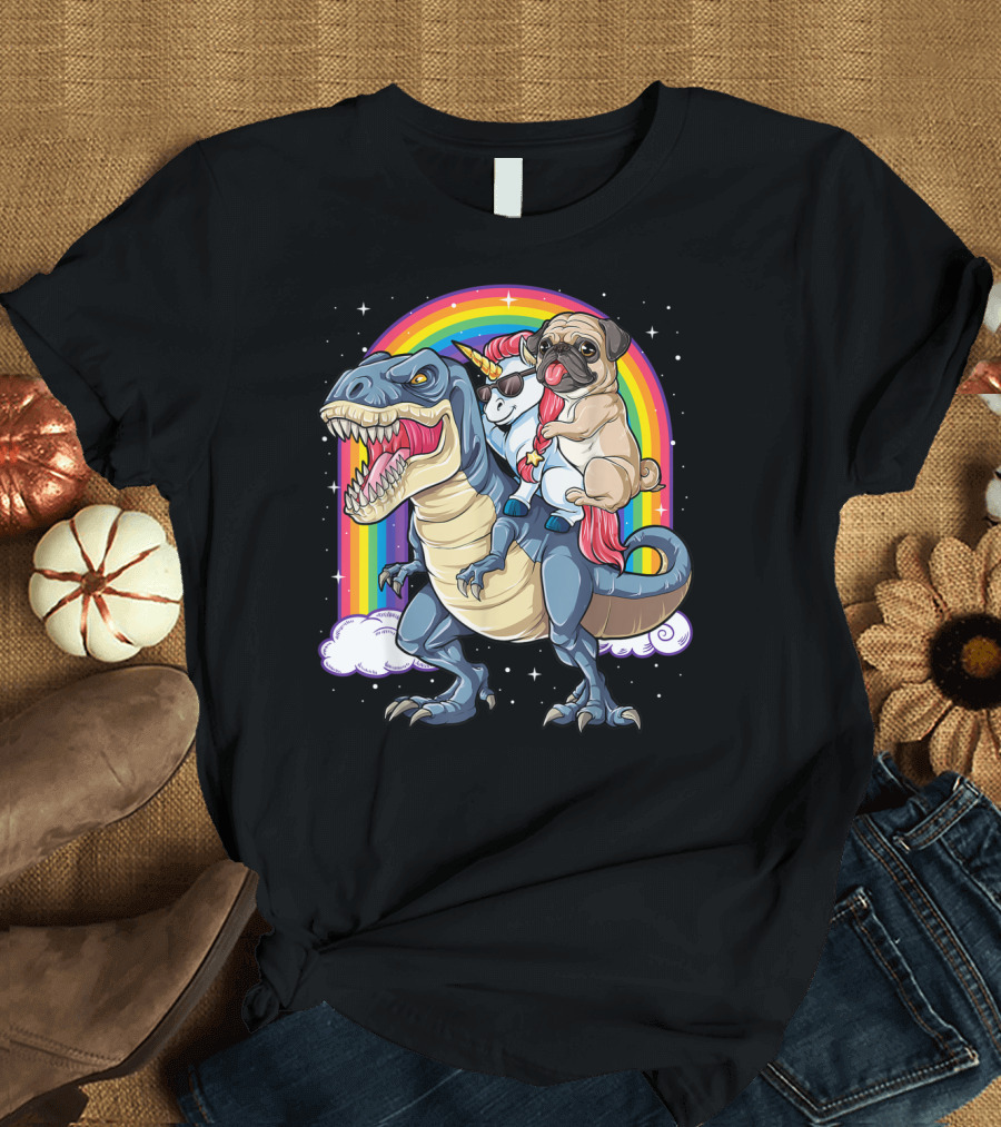 Pug Riding Unicorn Riding Dinosaur Under Rainbow T-Shirt