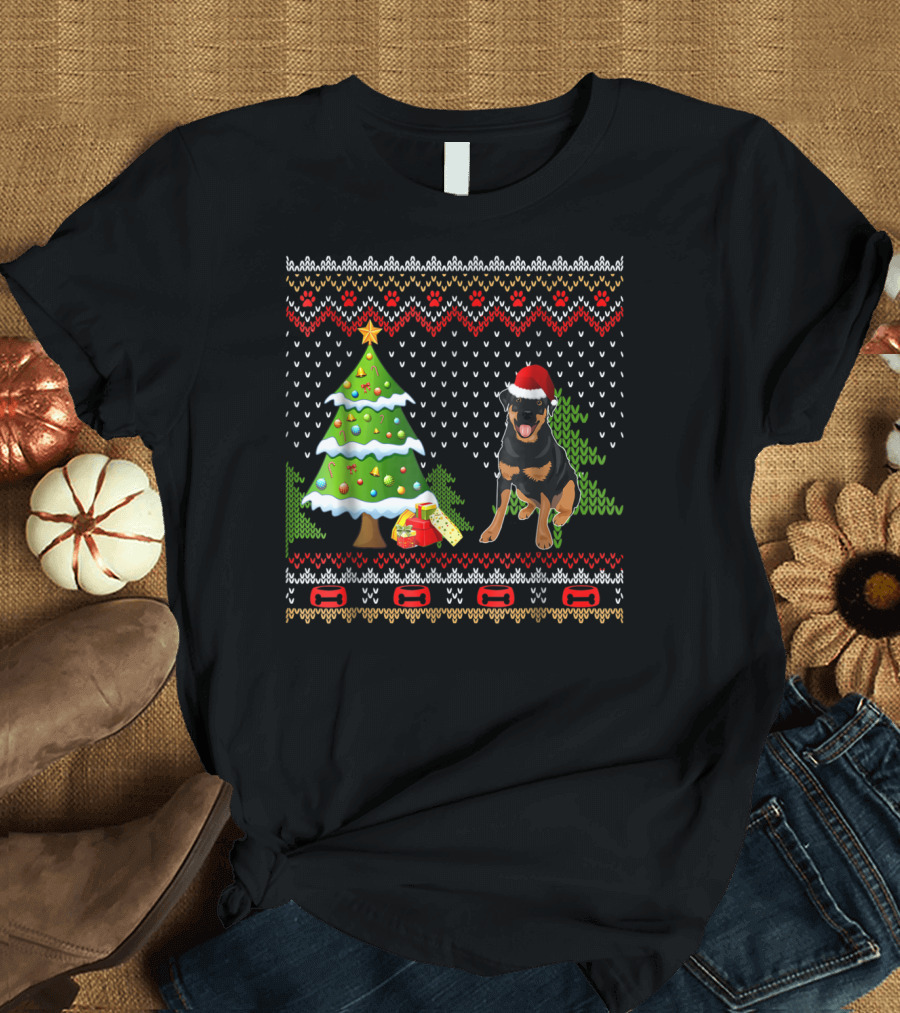 Rottweiler Santa Christmas Ugly Dog Sweater Tree and Gifts T-Shirt