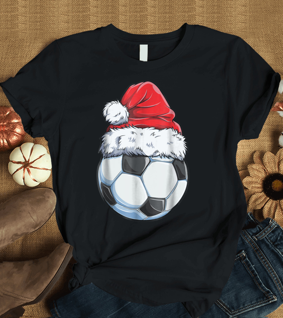 Santa Hat on Soccer Ball Christmas Xmas T-Shirt