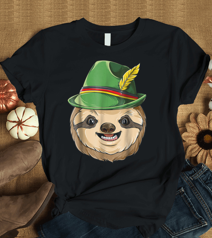 Sloth Oktoberfest Lederhosen Hat with Feather T-Shirt