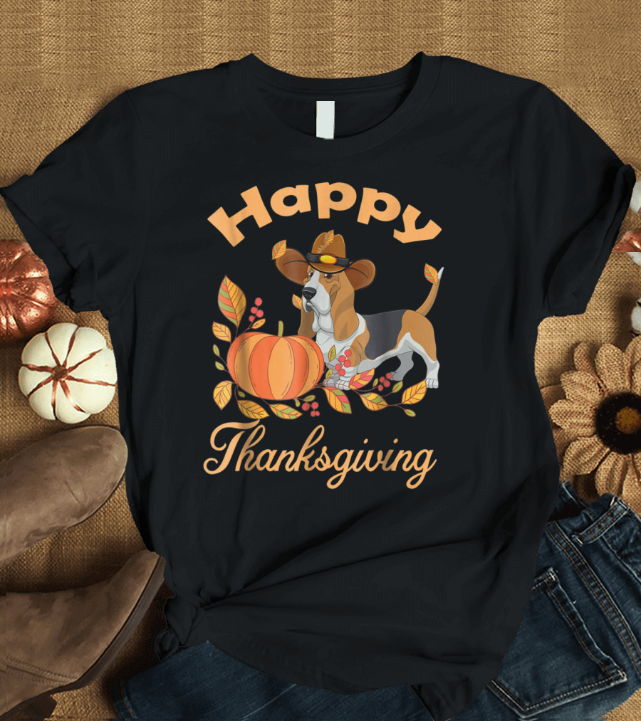 Happy Thanksgiving Basset Hound with Pumpkin and Pilgrim Hat T-Shirt