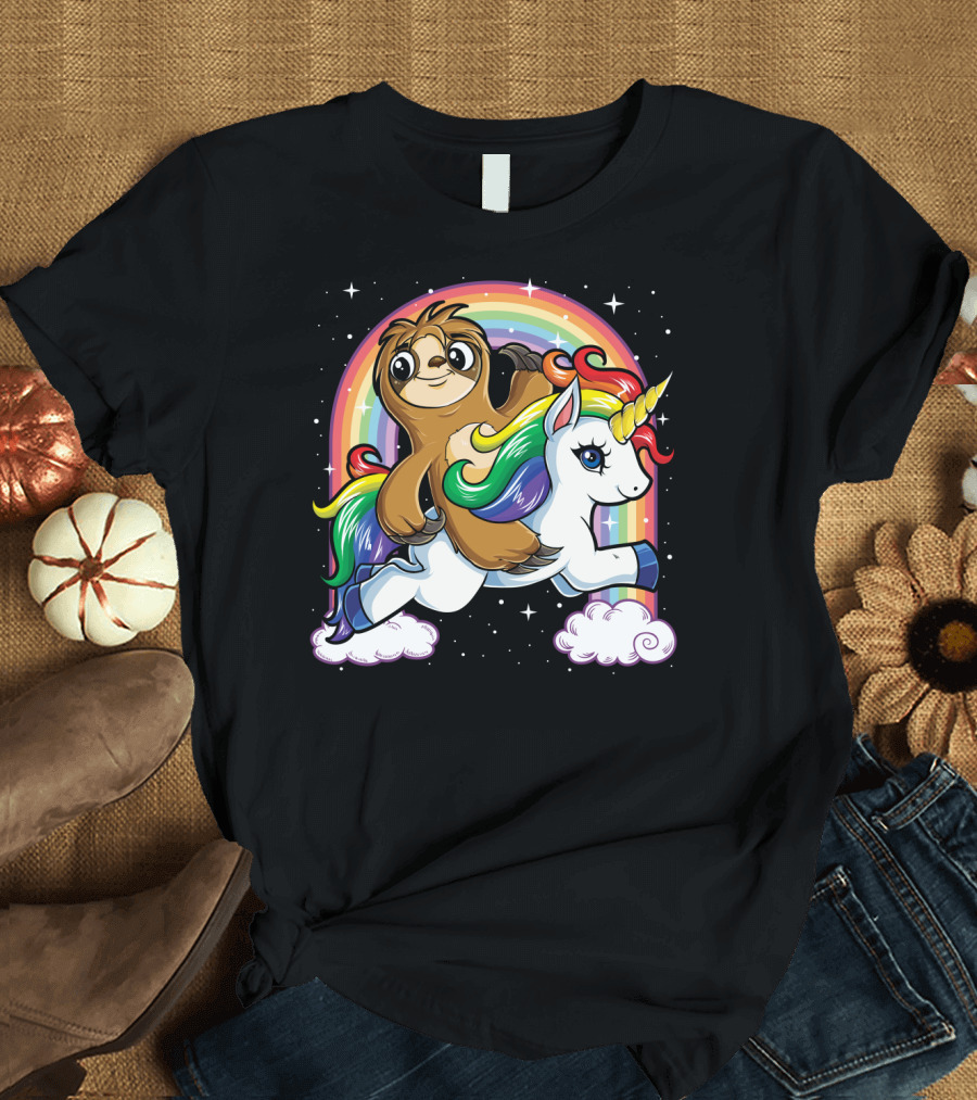 Sloth Riding Unicorn Rainbow Slothicorn Women Kids Fun T-Shirt