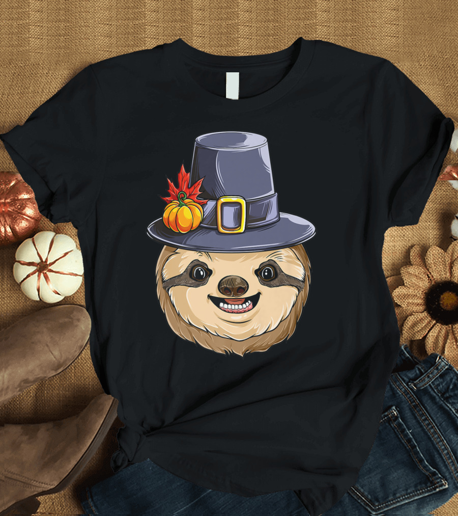 Thanksgiving Sloth with Pilgrim Hat Pumpkin and Autumn Leaves T-Shirt