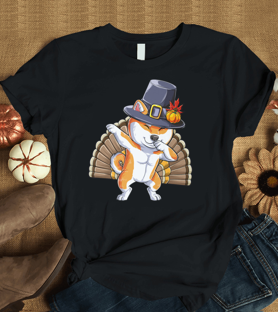 Thanksgiving Dabbing Shiba Inu Pilgrim Hat Turkey Background T-Shirt