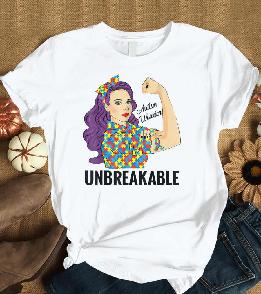 Autism Awareness Warrior Unbreakable Puzzle Ribbon Rosie the Riveter T-Shirt