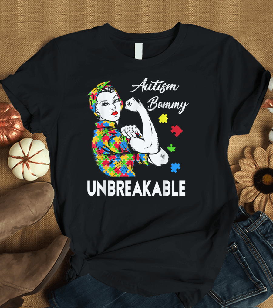 Autism Bammy Unbreakable Awareness Puzzle Piece Rosie the Riveter T-Shirt