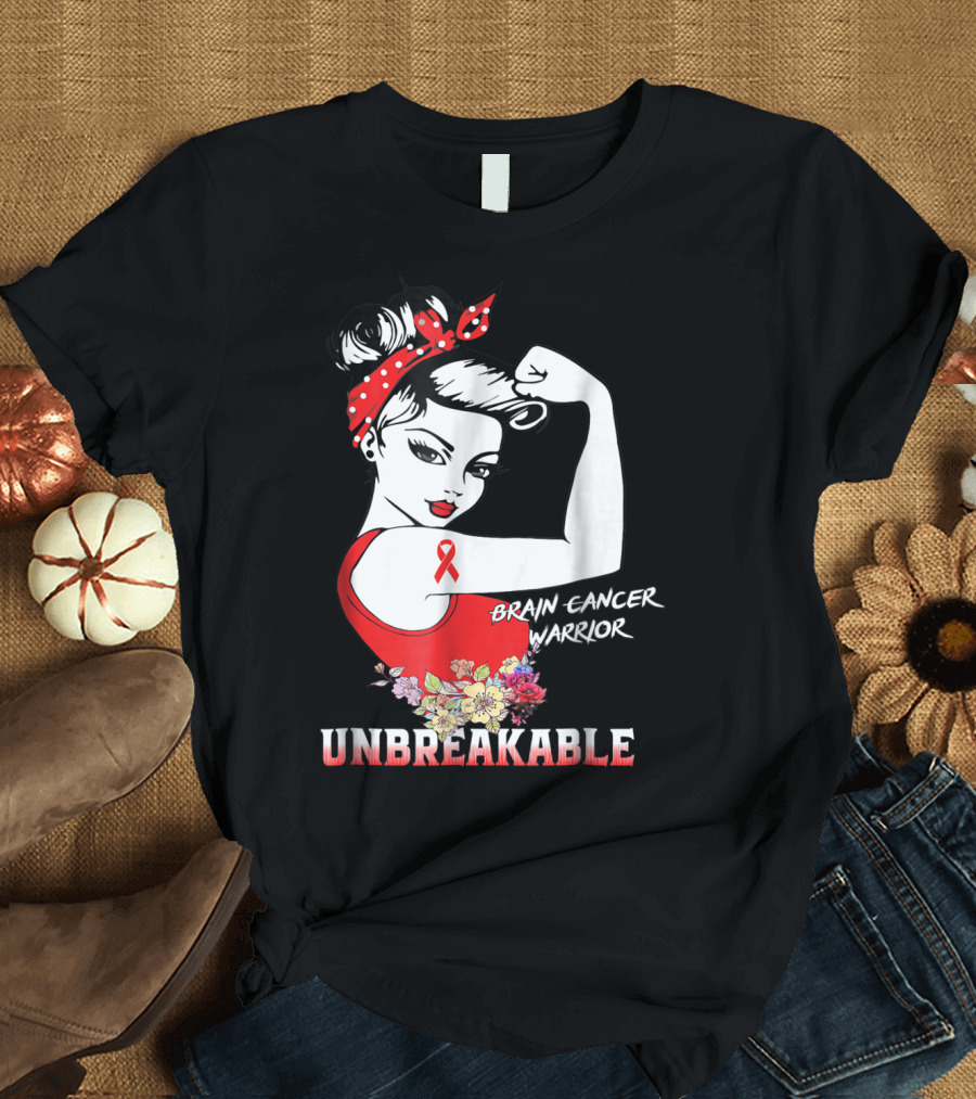 Unbreakable Brain Cancer Warrior with Awareness Ribbon and Floral Accents T-Shirt