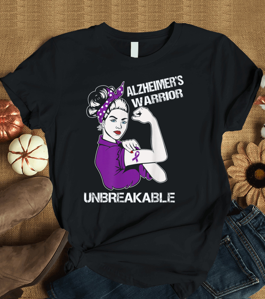 Alzheimer's Warrior Unbreakable Rosie the Riveter Style Purple Awareness T-Shirt