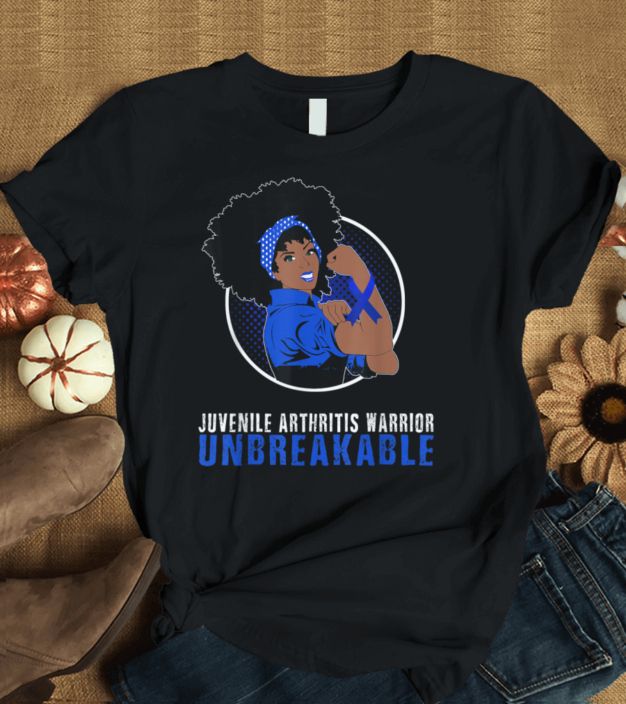 Juvenile Arthritis Warrior Unbreakable Black Girl with Blue Ribbon Empowerment T-Shirt