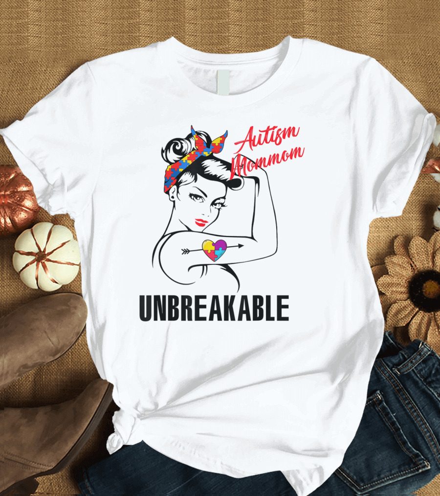 Autism Mommom Unbreakable Heart Puzzle Autism Awareness T-Shirt