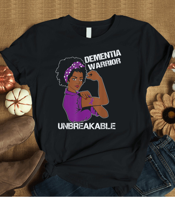 T-Shirt: Dementia Warrior Unbreakable Rosie the Riveter Woman with Purple Awareness T-Shirt Dementia Warrior Unbreakable Rosie the Riveter Woman with Purple Awareness T-Shirt