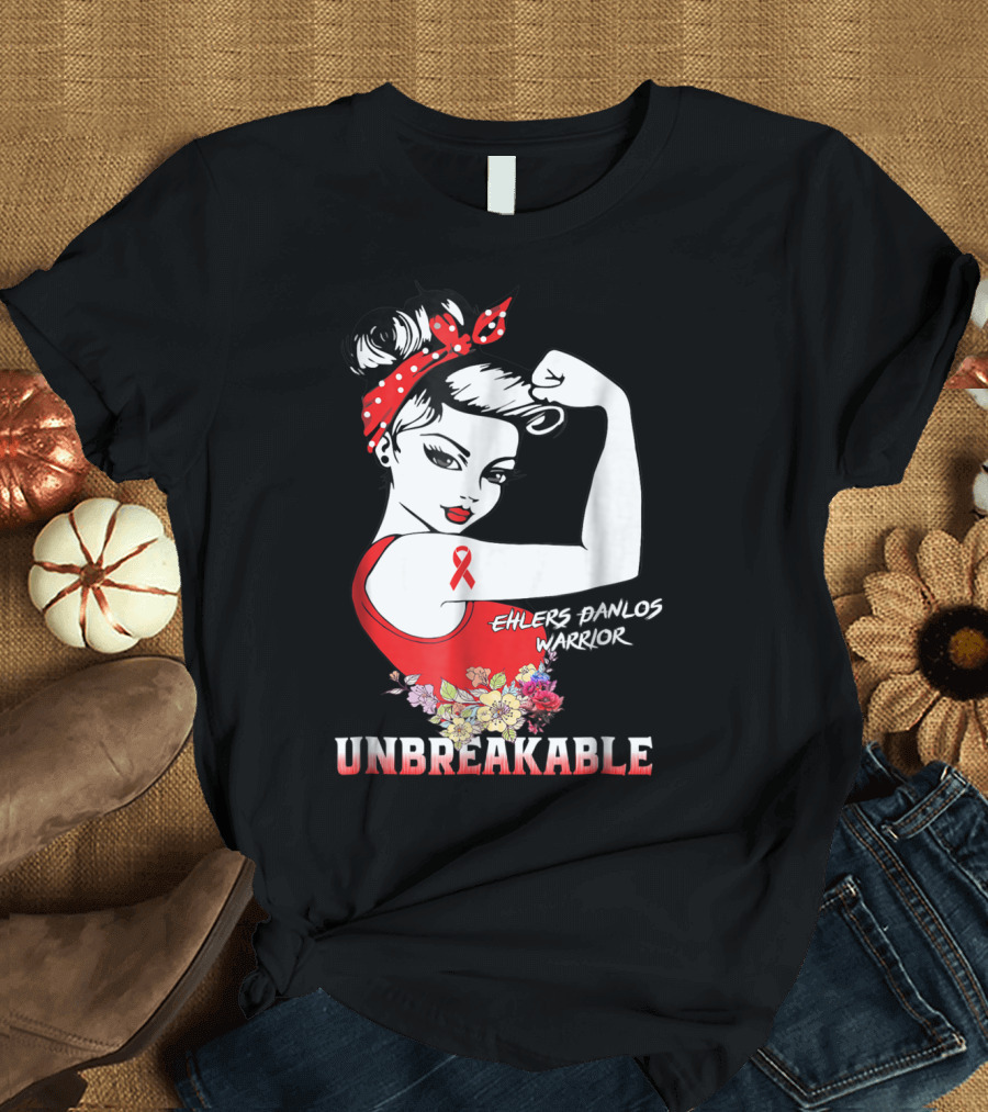 Ehlers Danlos Warrior Unbreakable Rosie the Riveter Style with Ribbon and Floral Elements T-Shirt