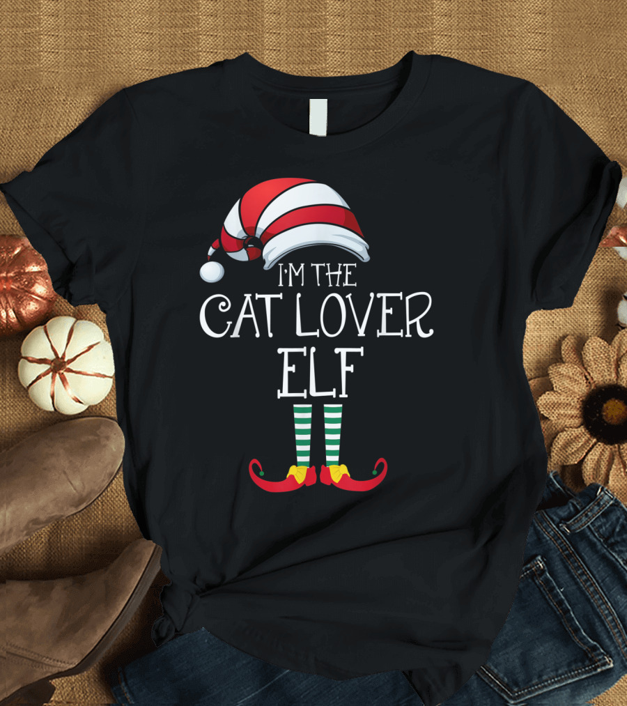 I'm The Cat Lover Elf Family Christmas Hat and Striped Socks T-Shirt