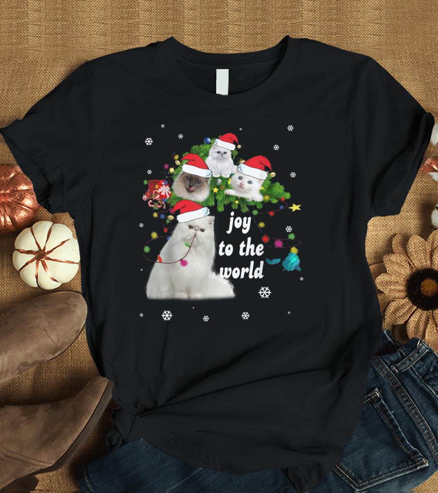 Joy to the World Christmas Cats with Santa Hats and Snowflakes T-Shirt