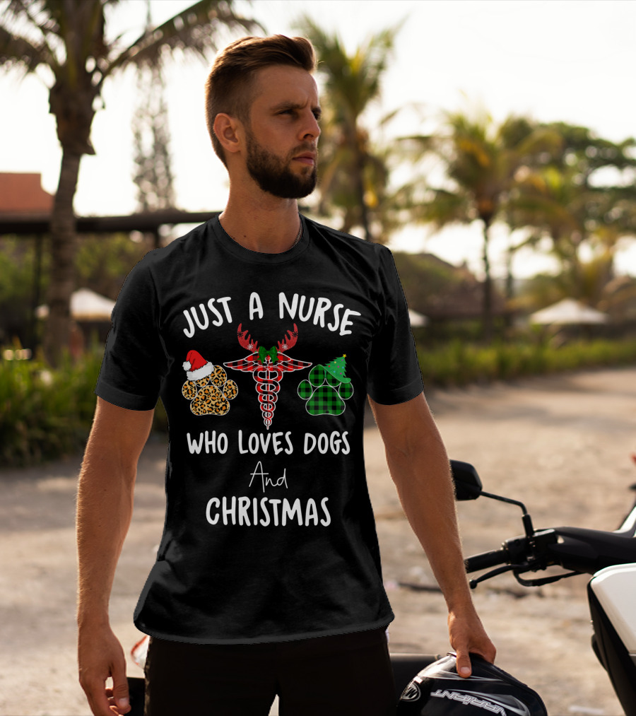 Just A Nurse Who Loves Dogs And Christmas T-Shirt