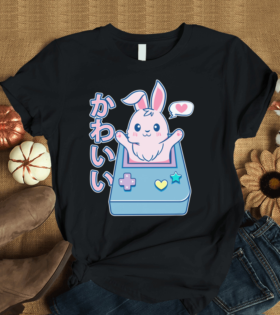 Kawaii Gamer Bunny Rabbit in Pastel Colors with Japanese Text and Game Console T-Shirt