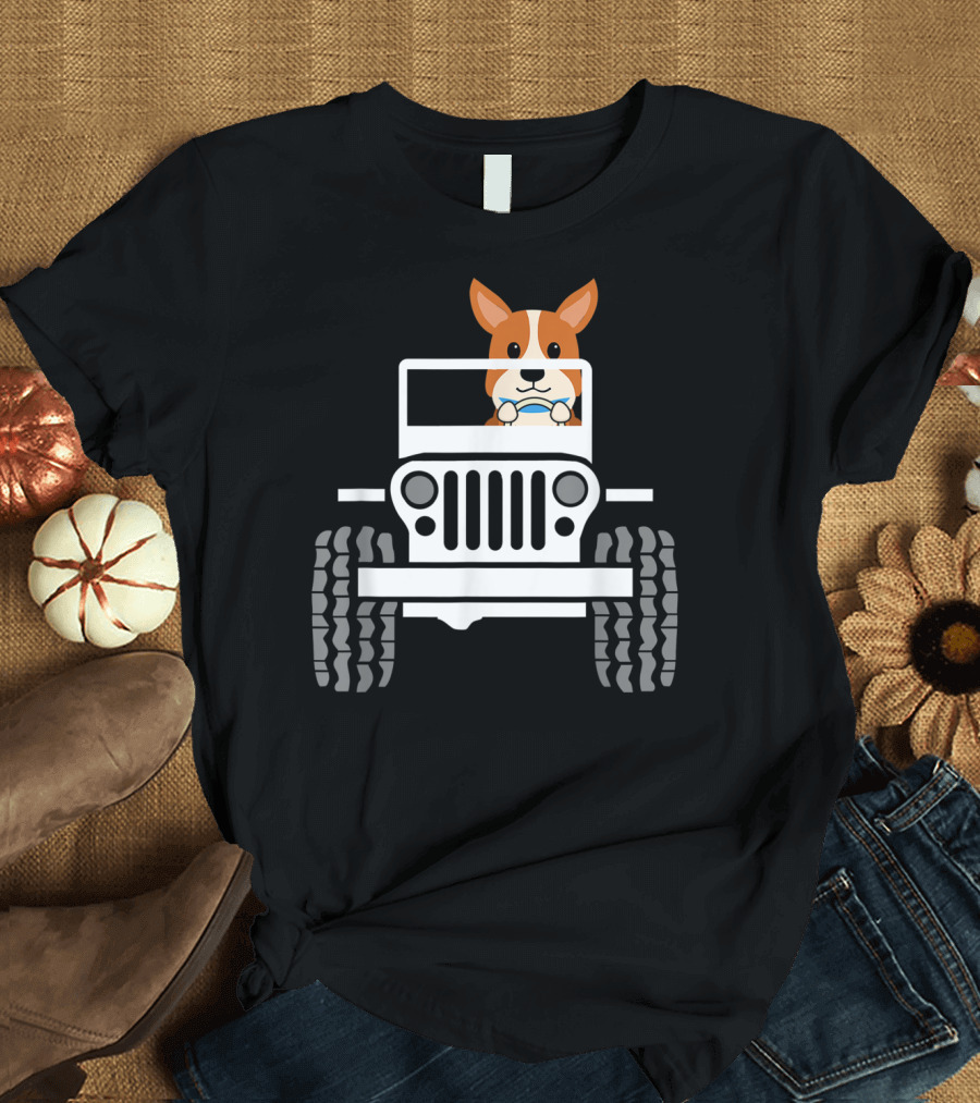 Mens Funny Cute Corgi Jeep Dog T-Shirt