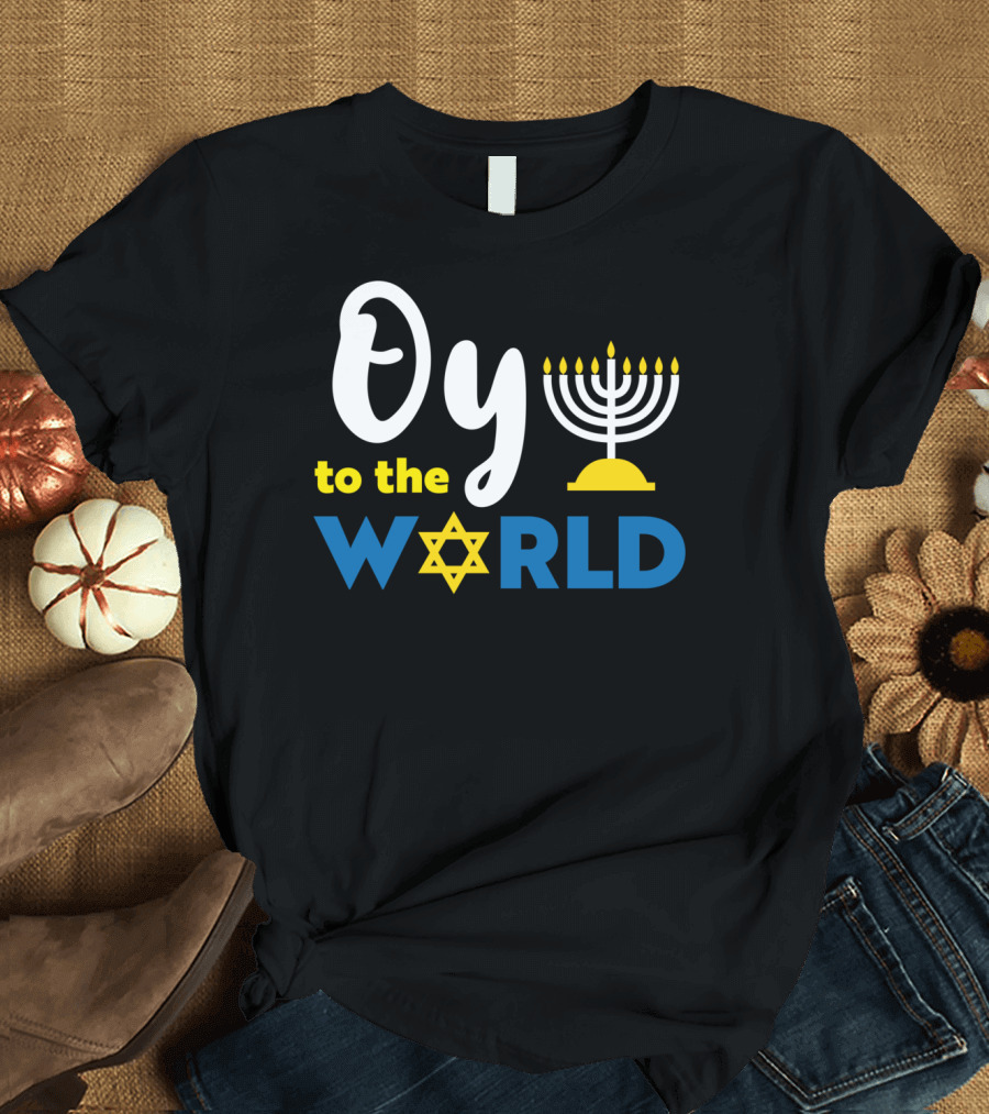 Oy To The World Happy Hanukkah Menorah Star T-Shirt