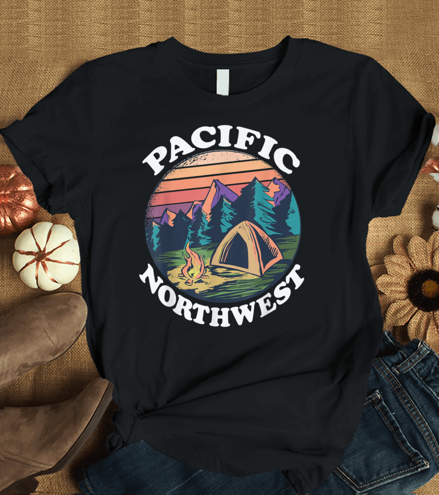 Pacific Northwest Camping Tent Campfire Forest Scene T-Shirt