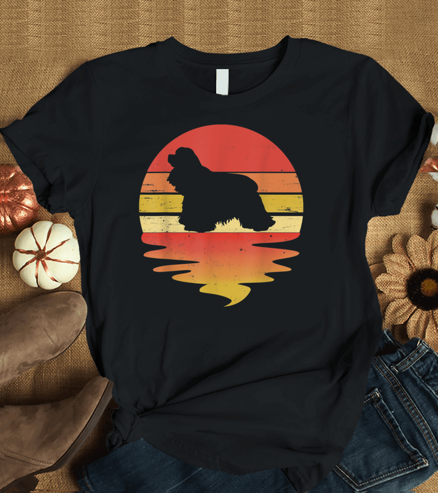 Retro Sunset Cocker Spaniel Silhouette Vintage 70s Style Dog Scene T-Shirt