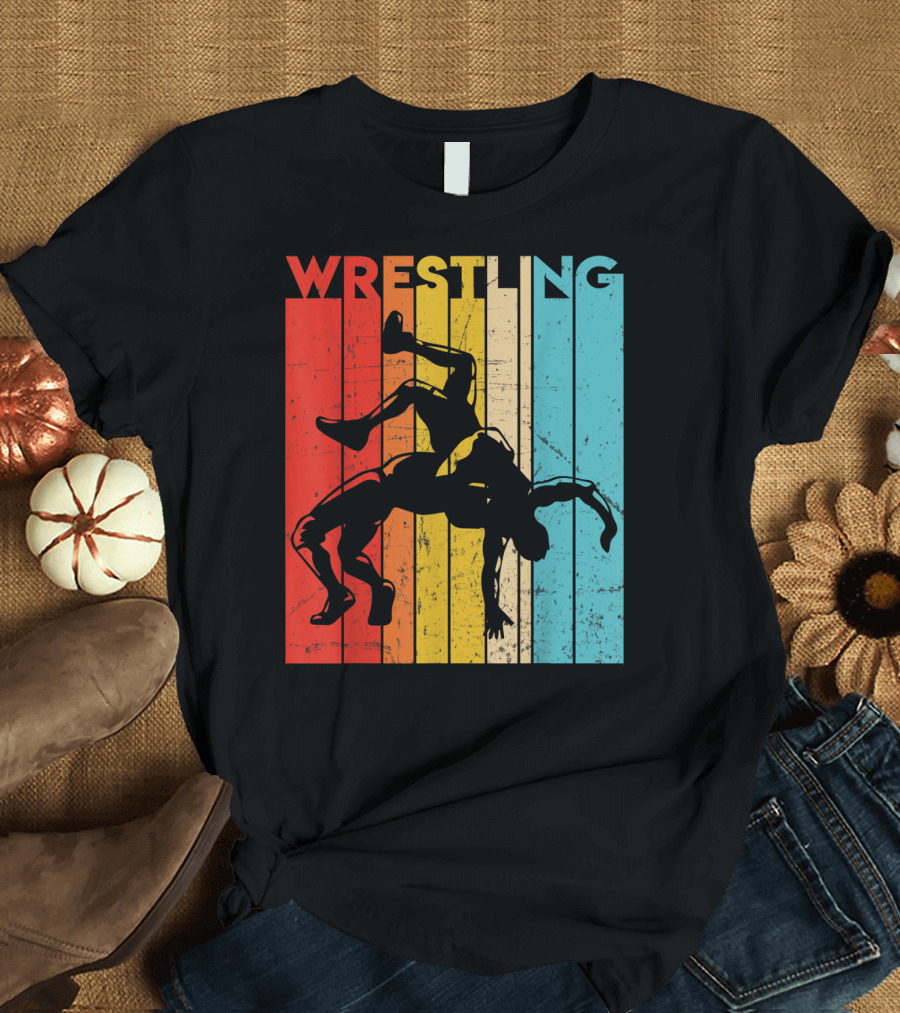 Wrestling Retro Vintage Silhouette Players on Colorful Stripes T-Shirt