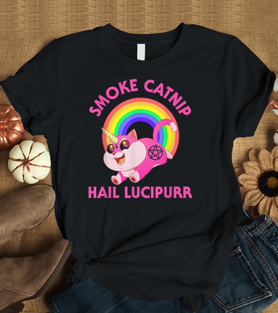 Smoke Catnip Hail Lucipurr Rainbow Unicorn Satanic Cat T-Shirt