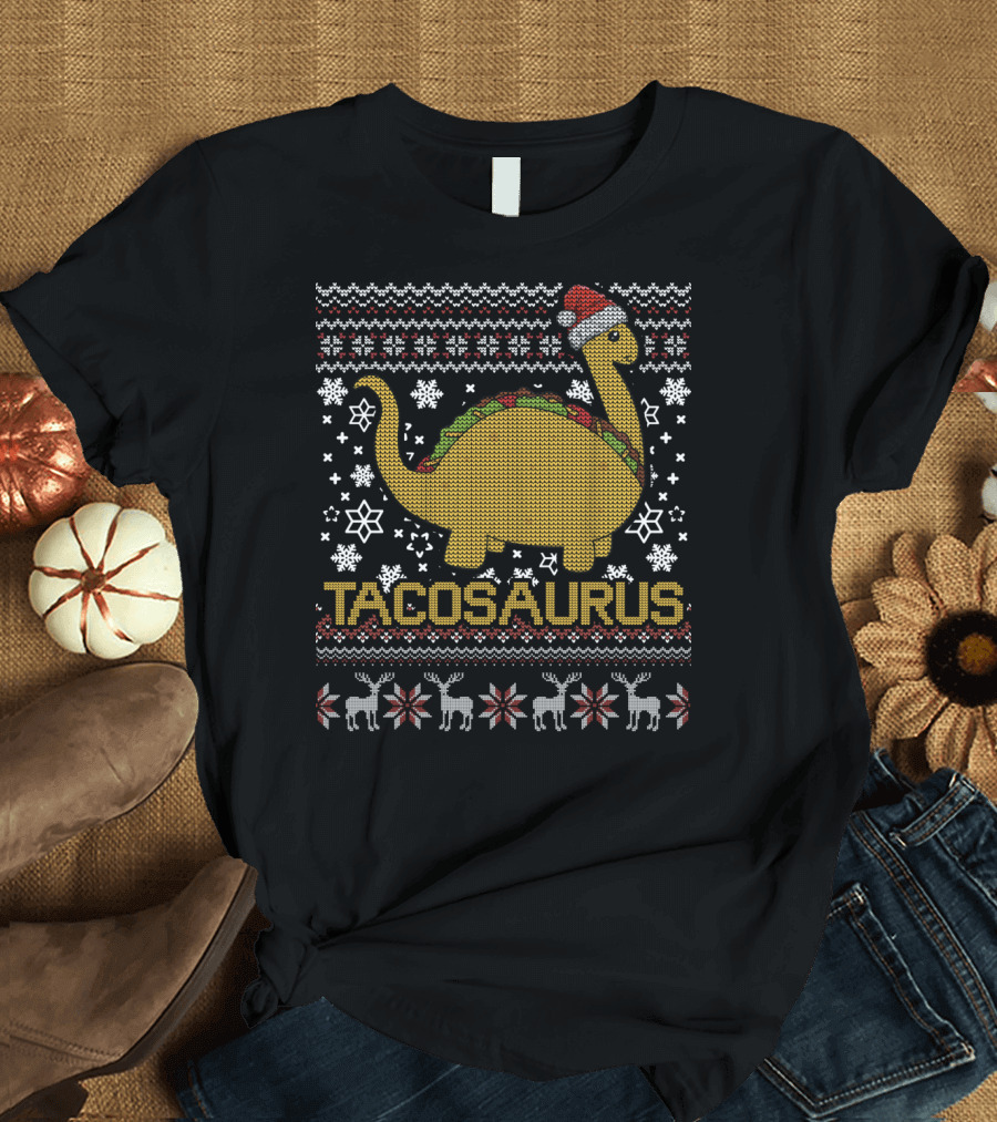 Tacosaurus Dino Taco Santa Ugly Christmas T-Shirt