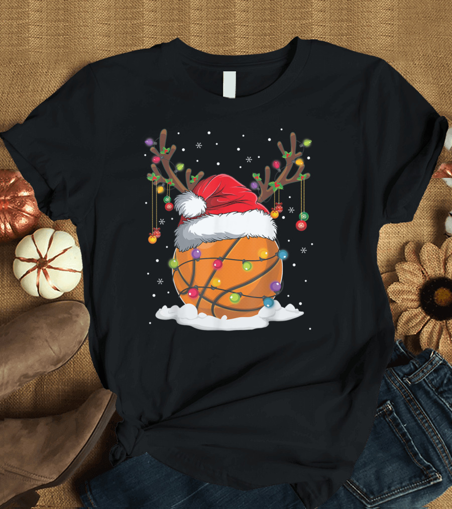 This Is My Christmas Basketball Player Santa Hat Reindeer Antlers Lights T-Shirt