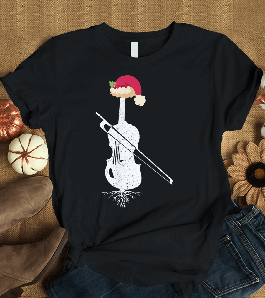 Violin Santa Hat Christmas Tree Vintage Style Holiday Decor T-Shirt