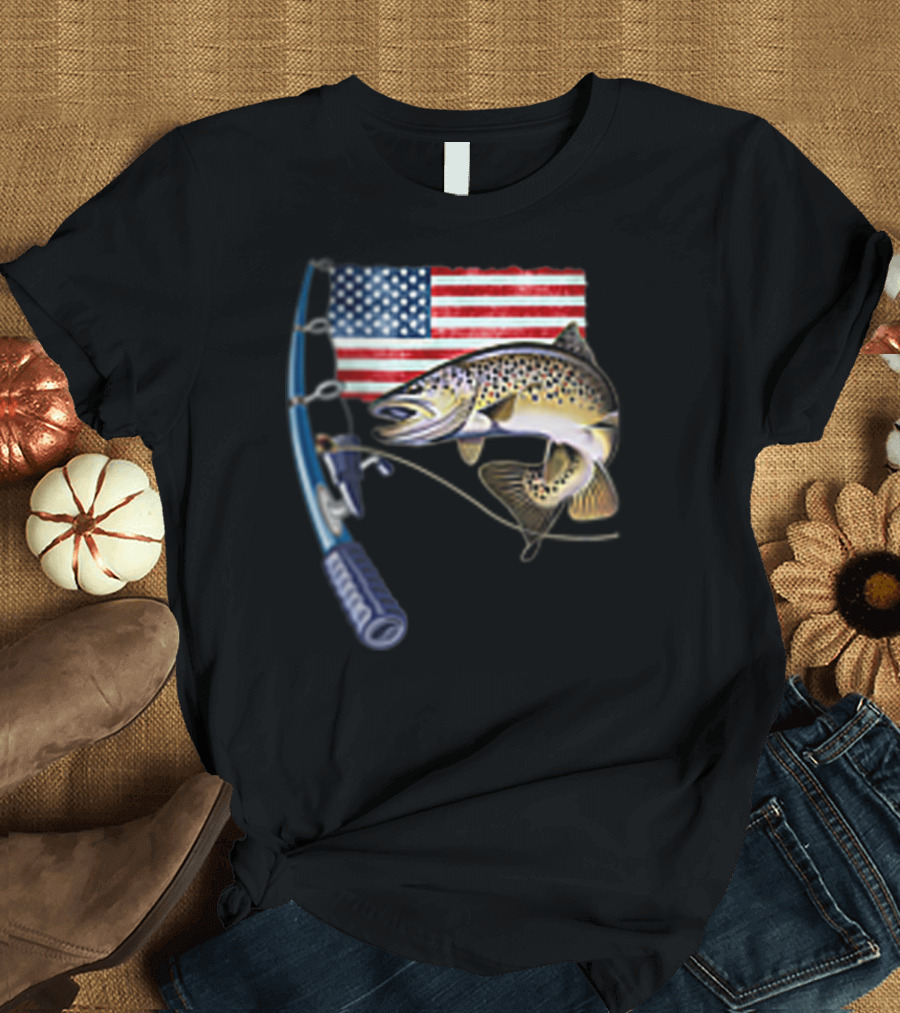 Fishing Hooked On A Feeling American Flag Rod Fish T-Shirt