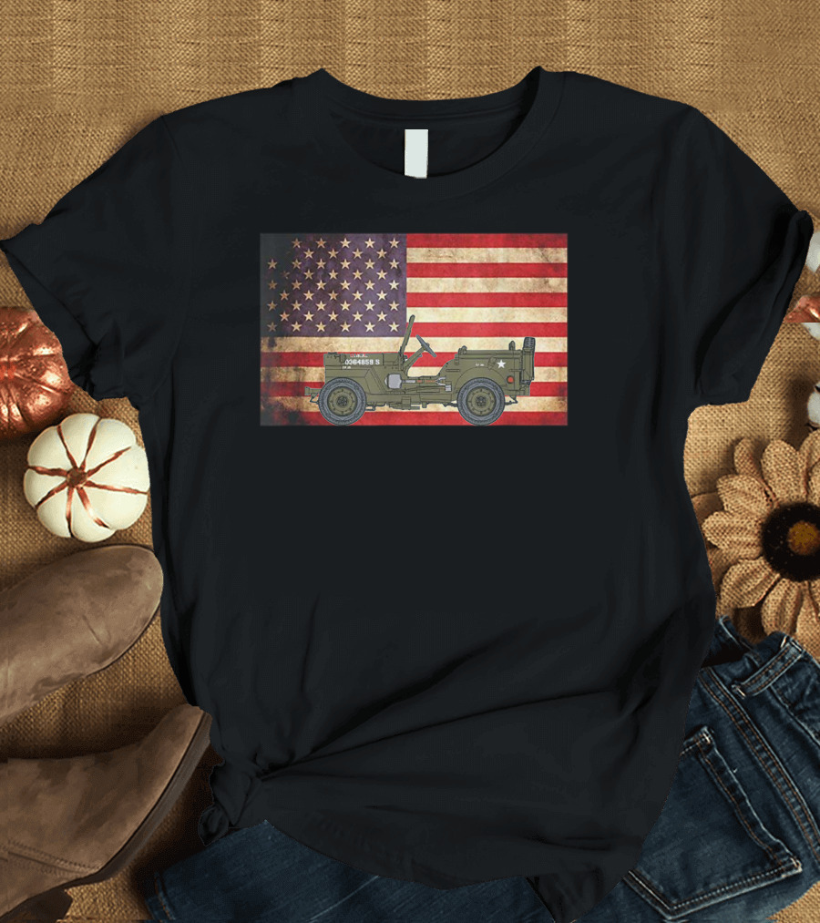 American USA Flag Willys Jeep WW2 Military Army Vehicle Stars and Stripes Vintage Retro Iconic T-Shirt