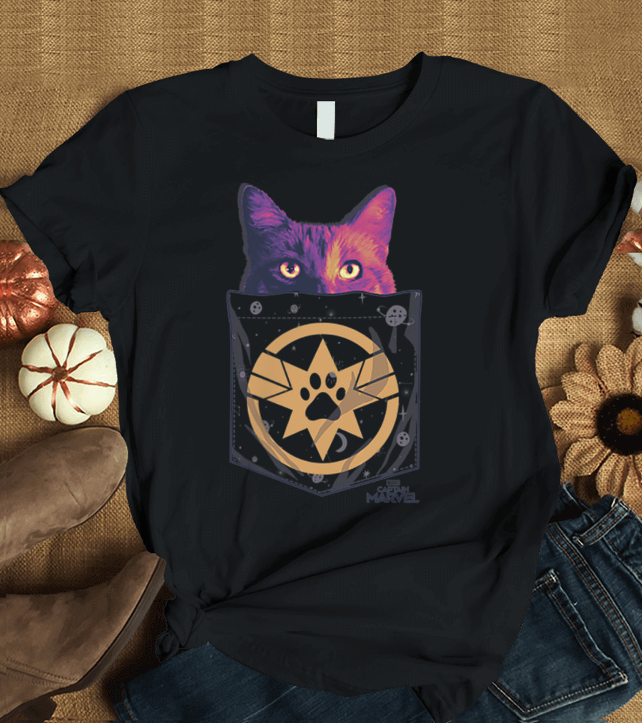 Captain Marvel Goose Paw Print Cosmic Pocket Cat T-Shirt