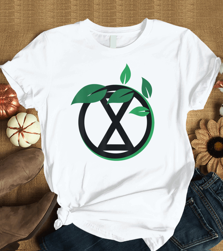Extinction Rebellion Revolution Symbol with Green Leaves T-Shirt