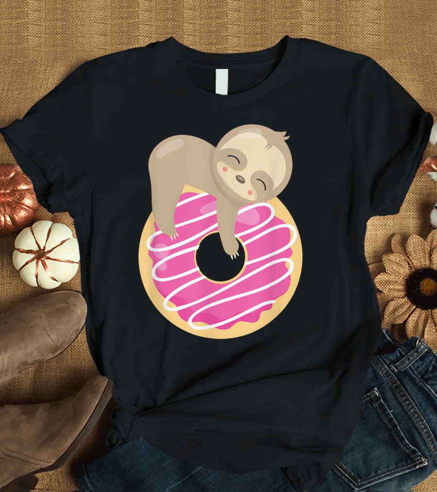 Baby Sloth Sleeping on Pink Frosted Donut T-Shirt