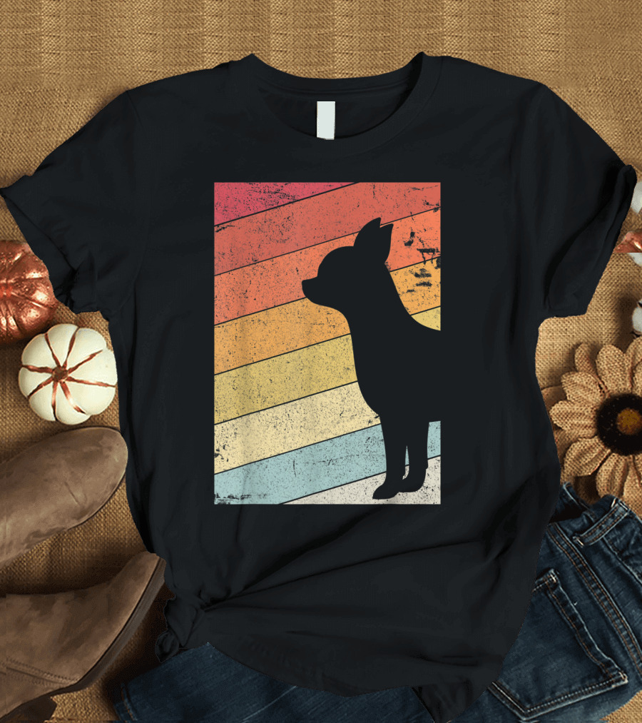 Chihuahua Style Retro Silhouette with Vintage Rainbow Stripes T-Shirt
