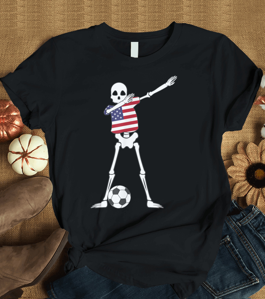 Dabbing Skeleton USA Soccer American Flag Dab Dance Football T-Shirt