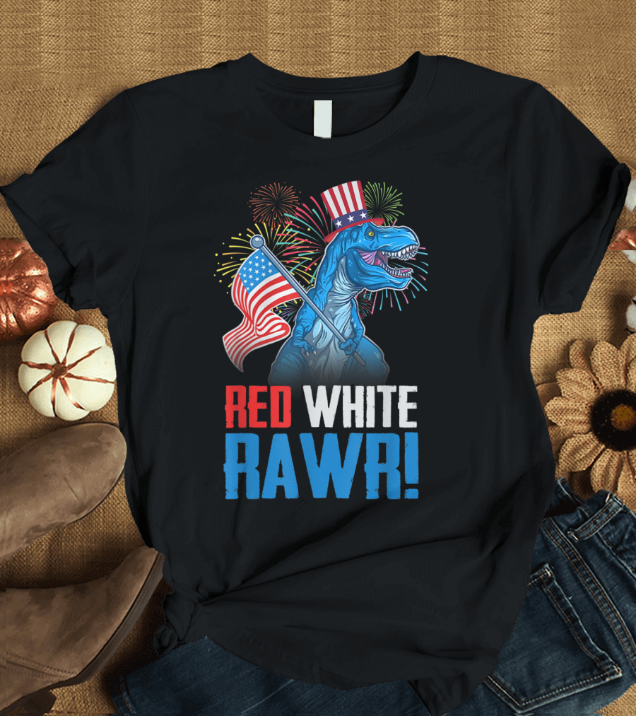 Red White Rawr Dinosaur Rex USA Flag 4th of July T-Shirt