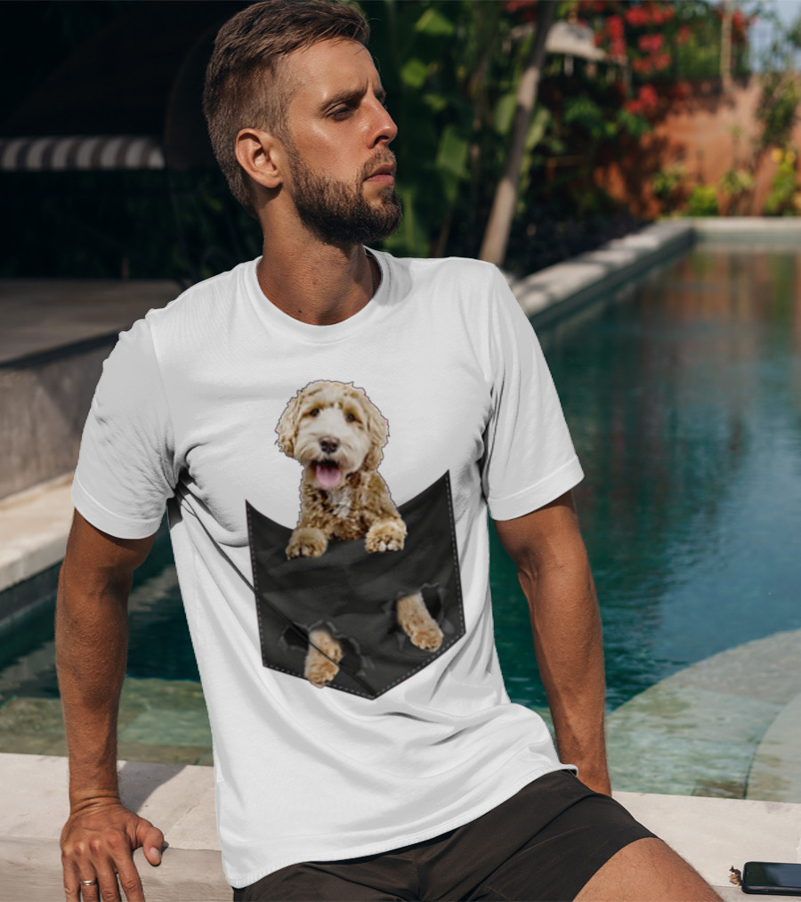 Dog In Your Pocket Labradoodle Peeking Out Pawing Through Black Pocket T-Shirt