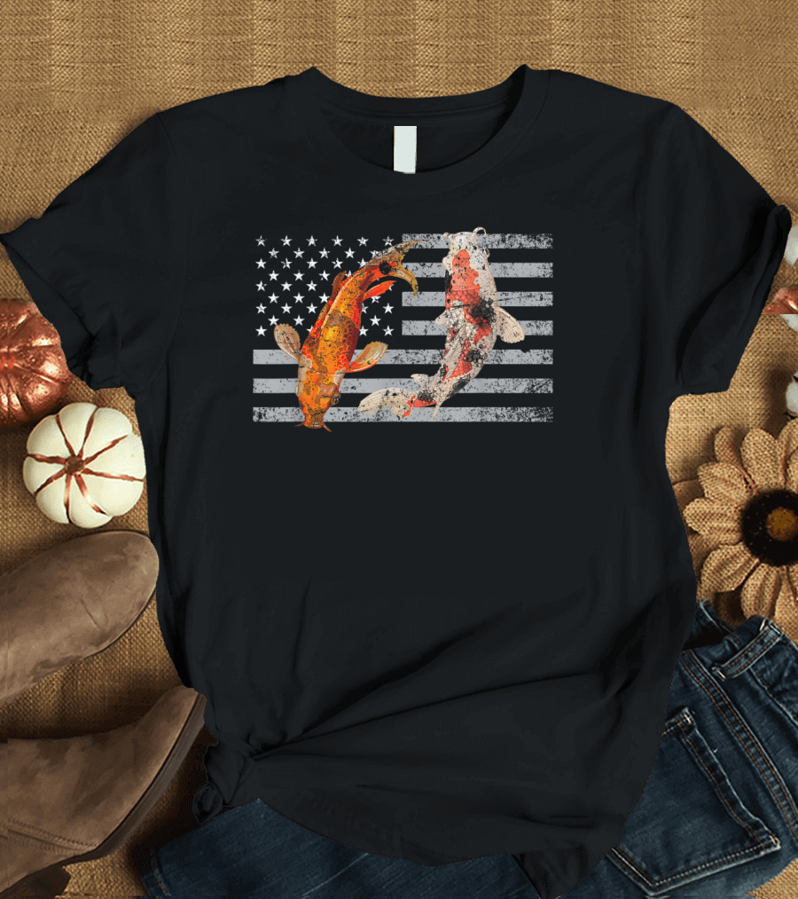 USA Flag with Japanese Koi Fish and Koi Carp T-Shirt
