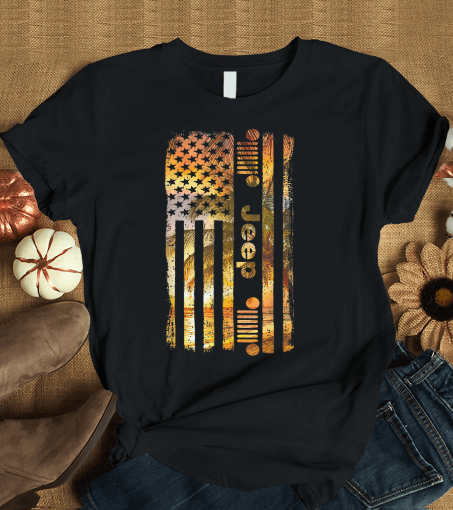 Jeep American Flag Tropical Palm Beach Summer T-Shirt