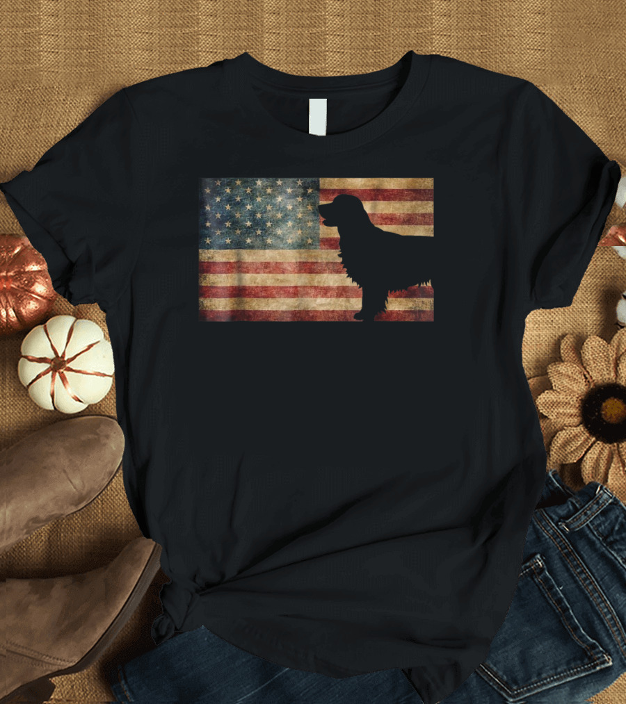 Golden Retriever Silhouette with Vintage American Flag T-Shirt