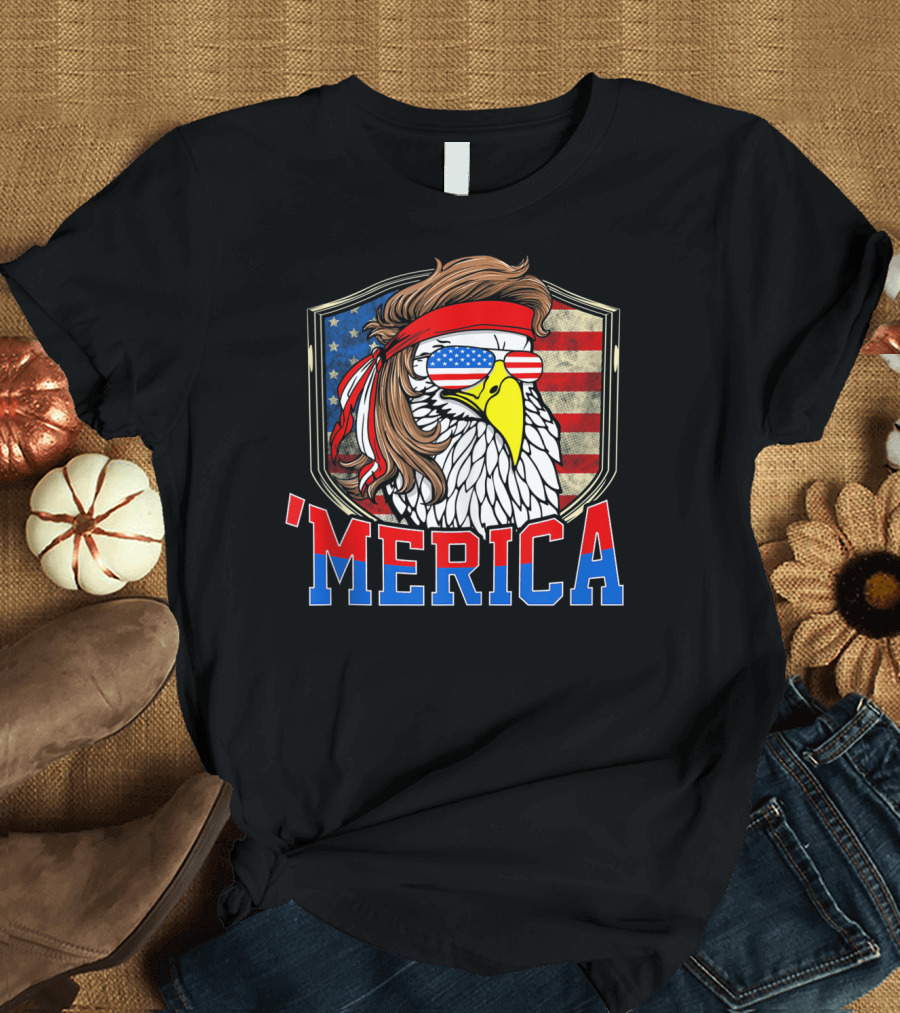 'MERICA 4th of July Bald Eagle Mullet with American Flag Sunglasses T-Shirt
