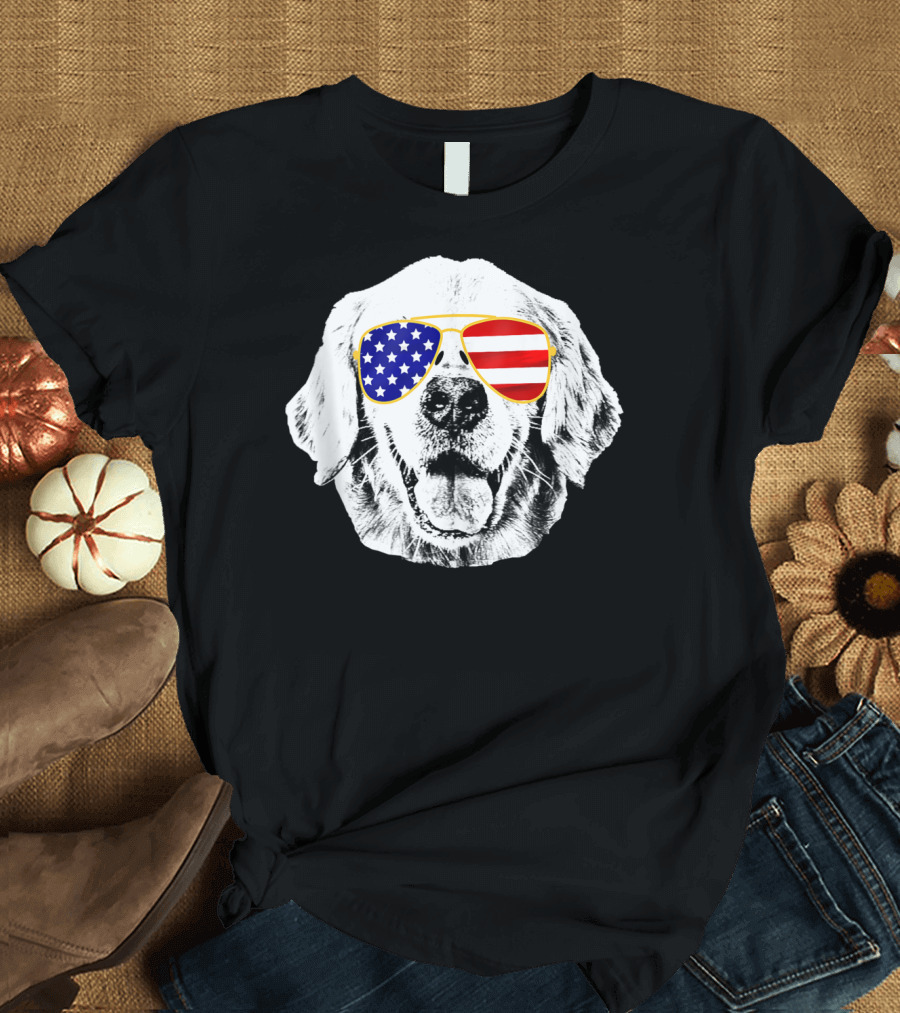 Golden Retriever Wearing American Flag Sunglasses Patriotic 4th Of July Dog T-Shirt