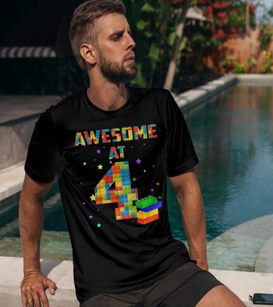 AWESOME AT 4 Building Blocks Kids Birthday T-Shirt