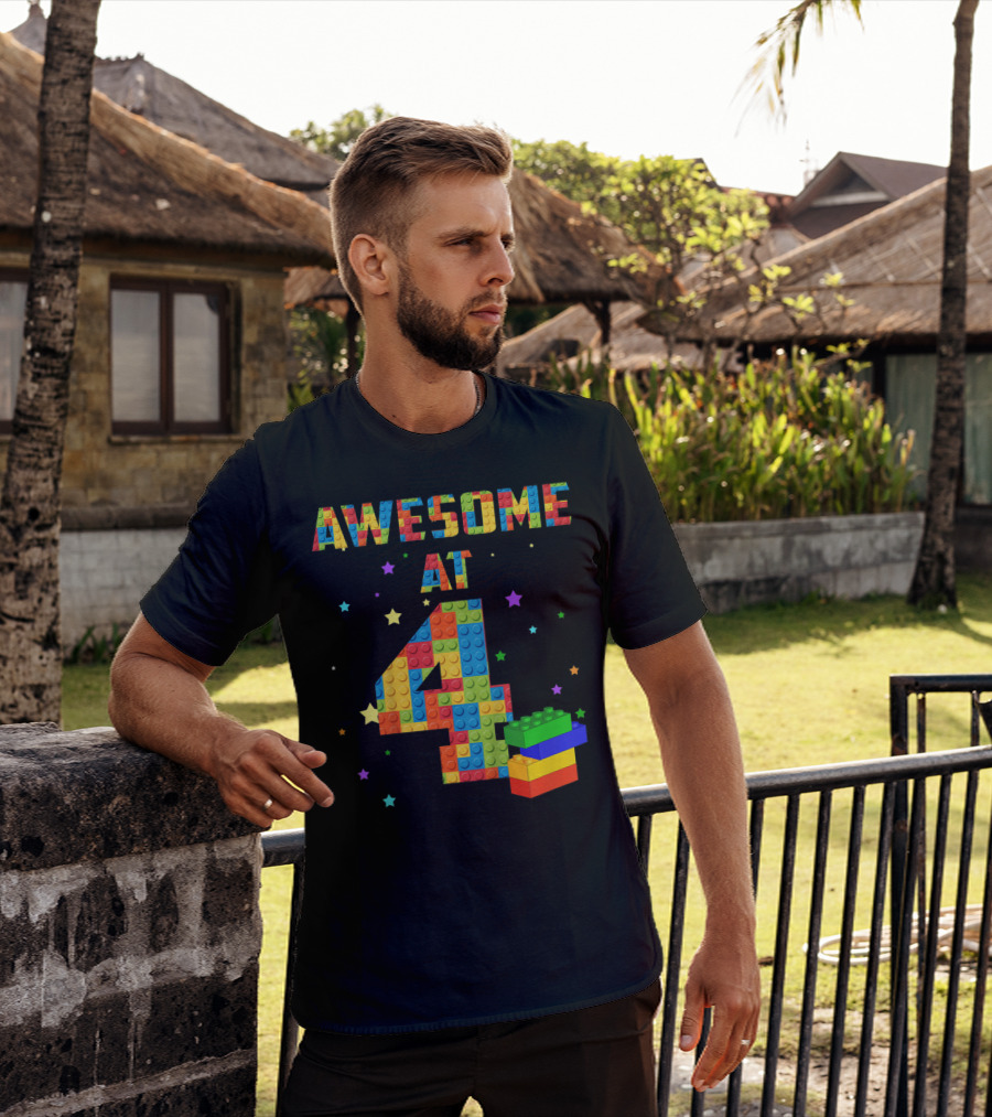 AWESOME AT 4 Building Blocks Kids Birthday T-Shirt