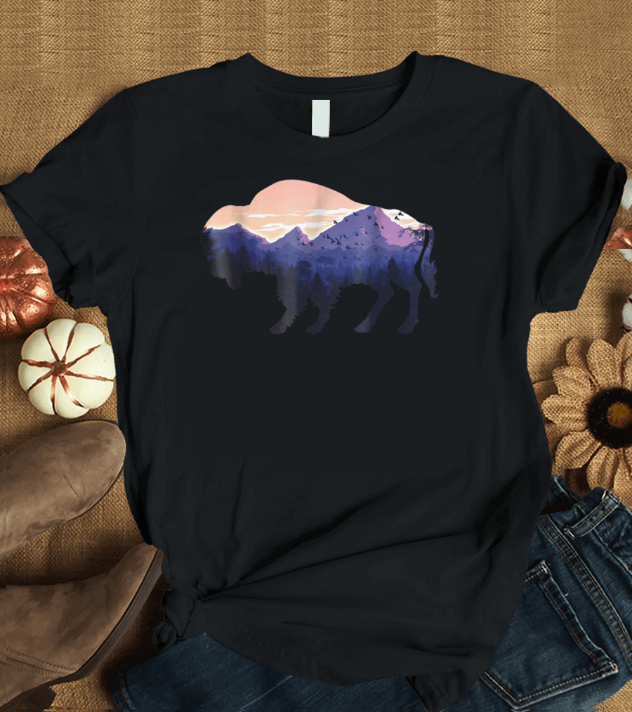 Bison Silhouette with Mountain and Forest Scene T-Shirt