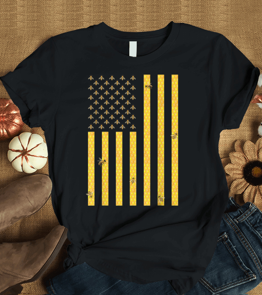 American Flag Honeycomb Honey Bee Beekeeping Beekeeper USA Patriotic T-Shirt