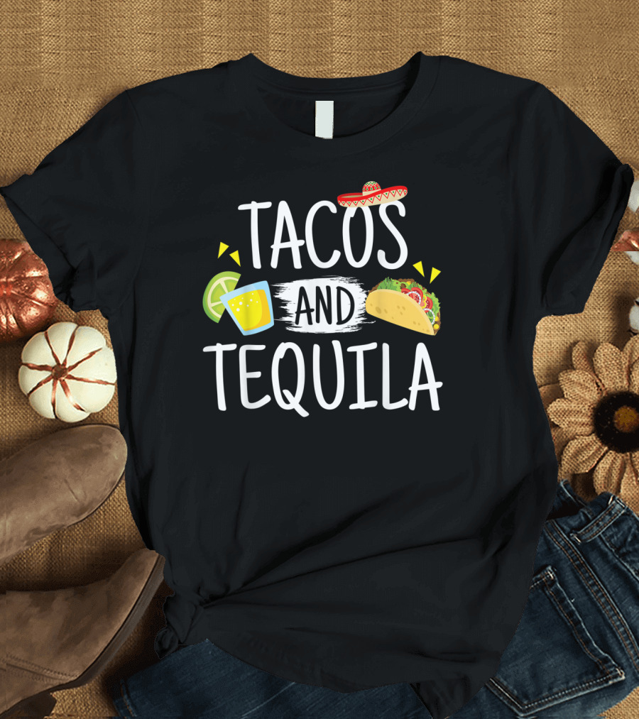 Tacos and Tequila Mexican Sombrero with Lime Slice and Taco Icons T-Shirt